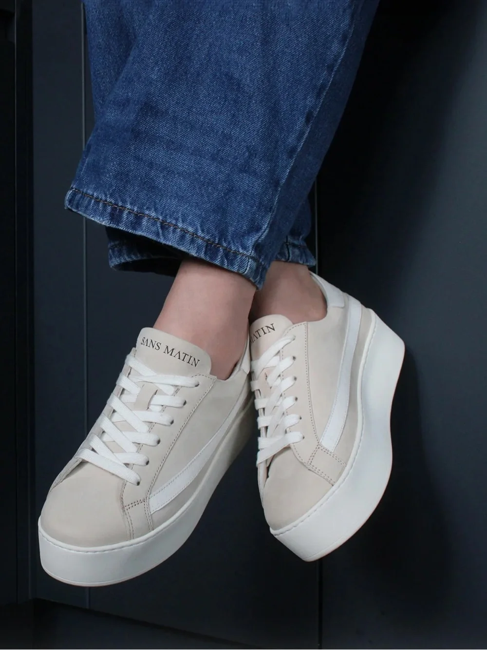 Sans Matin Gaia Platform Sneakers Taupe Nubuck Leather & White Leather Platform